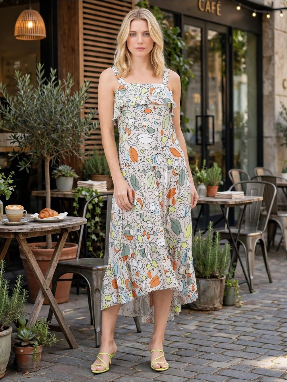 Slate & Willow Cream Floral Printed Sleeveless Square Neck Peasant Dress Size 4